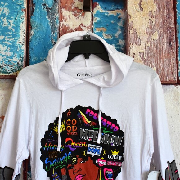 Girl's On Fire Melanin Junior Long Sleeve Hoodie Graphic Print LARGE White - Picture 2 of 10